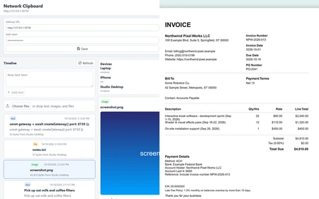 Network Clipboard dashboard and Invoice Studio PDF